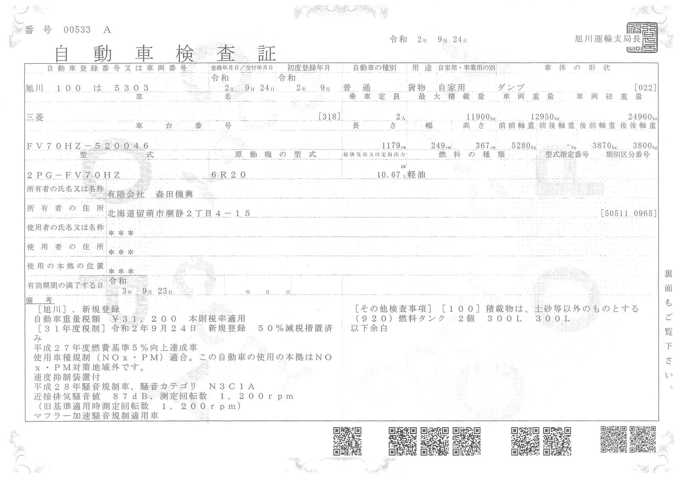 １２３０ 令和２年 三菱 水産ﾀﾞﾝﾌﾟ 登録済み新車 ご成約ありがとうございました 一般 大型車両の車検 点検 整備は北海道留萌市の森田自動車工業へ